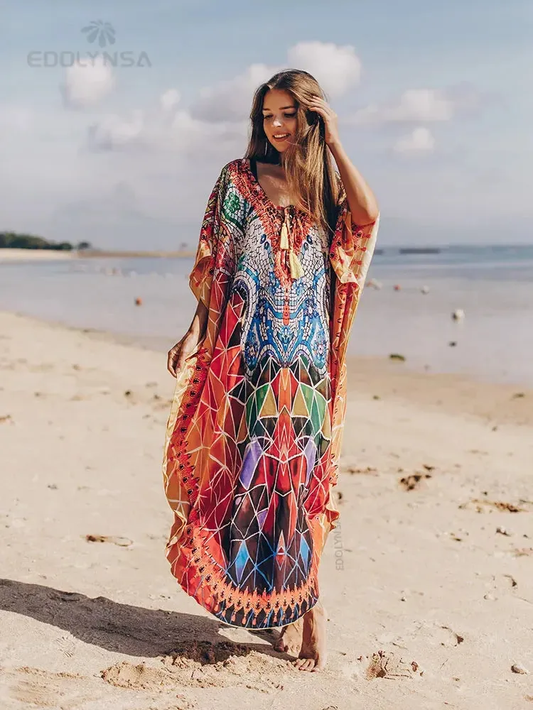 Boho Quick-drying Long Kaftan Burkini Cover-up Plus Size Summer Beachwear