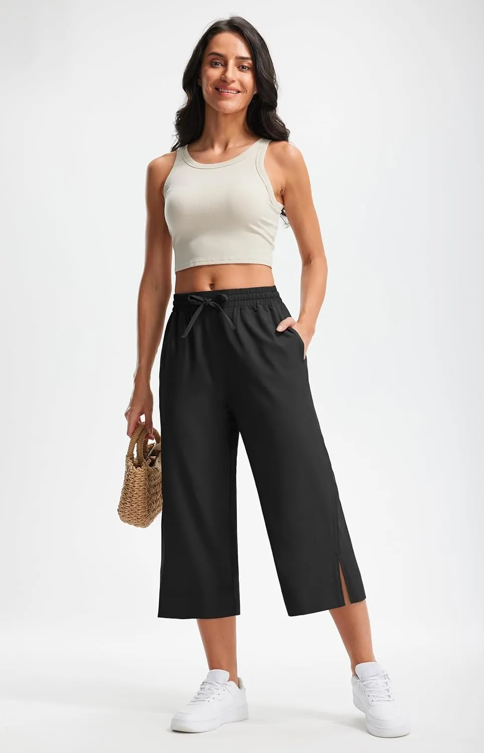Libin Lightweight Wide Leg Capri Pants for Women High Waisted Quick Dry Casual Travel Pants Loose with Pockets Walking