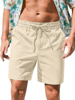 RQP Mens Cotton Linen Shorts Casual Drawstring 7inch Inseam Shorts Stretch Summer Beach Wear