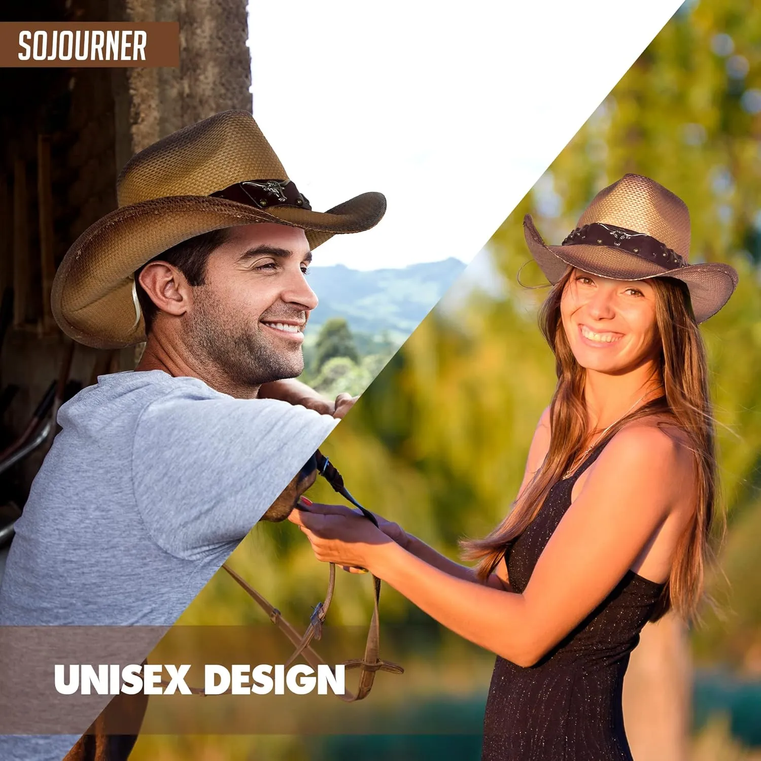 SoJourner Bags Men & Women's Cowboy Cowgirl Hat - Western Hats for Women, Adjustable Cowboy Hat Men with Wide Brim
