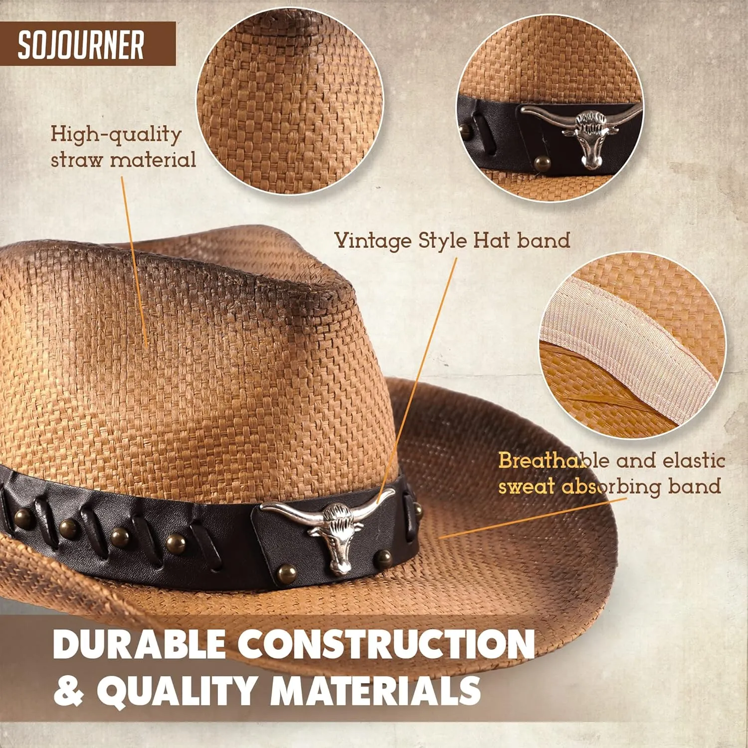 SoJourner Bags Men & Women's Cowboy Cowgirl Hat - Western Hats for Women, Adjustable Cowboy Hat Men with Wide Brim