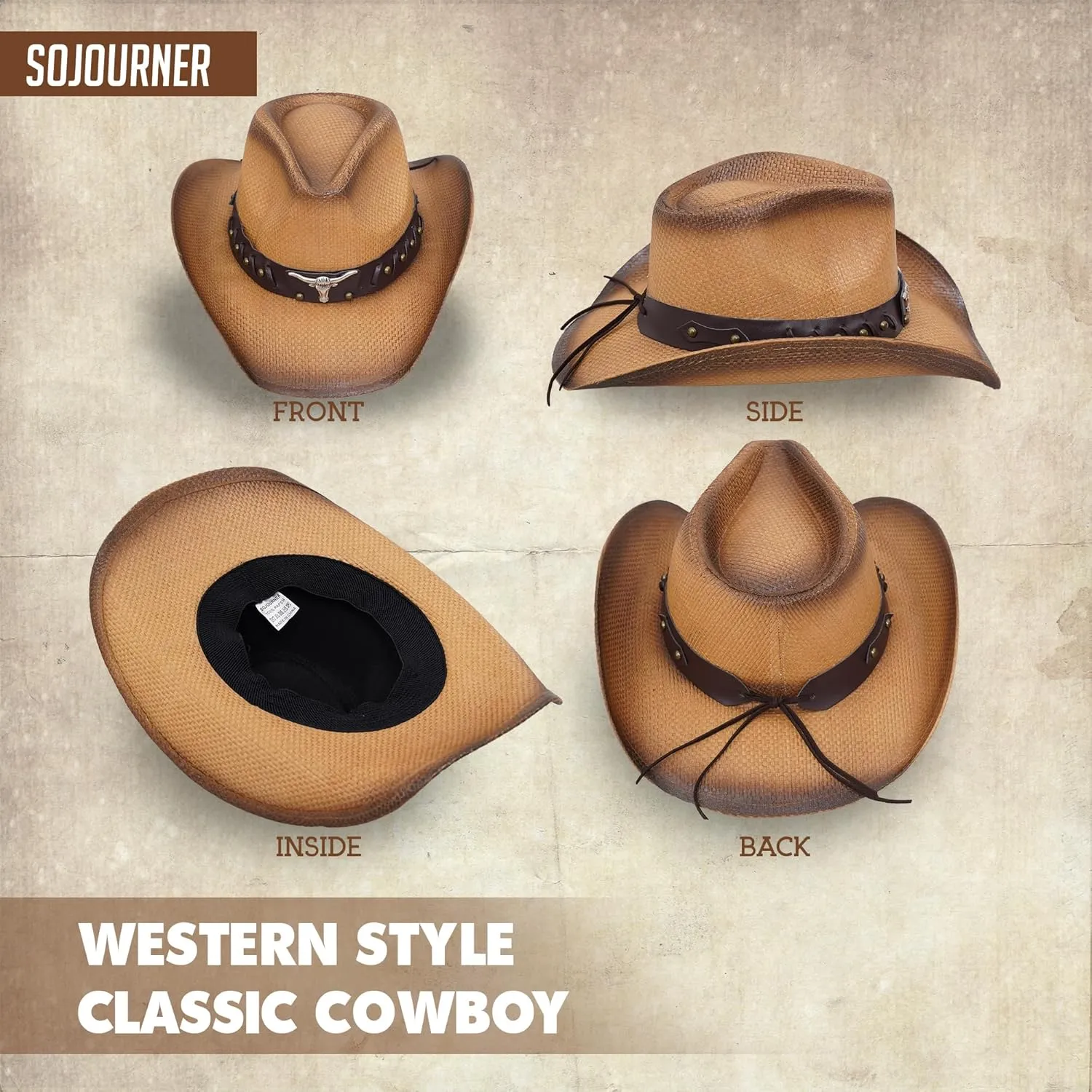 SoJourner Bags Men & Women's Cowboy Cowgirl Hat - Western Hats for Women, Adjustable Cowboy Hat Men with Wide Brim