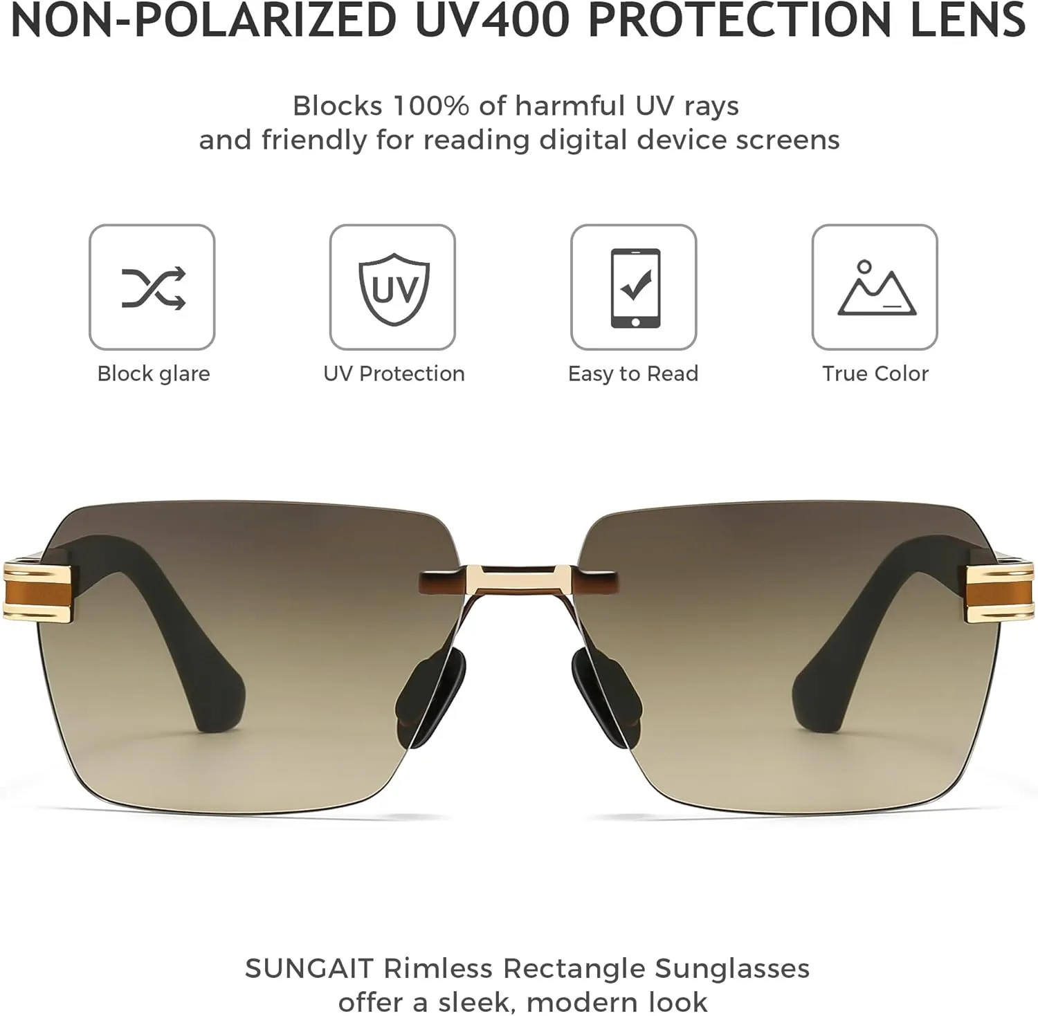 SUNGAIT Rimless Rectangle Sunglasses Square Frameless Shades for Men Women Y2K Vintage UV Protection